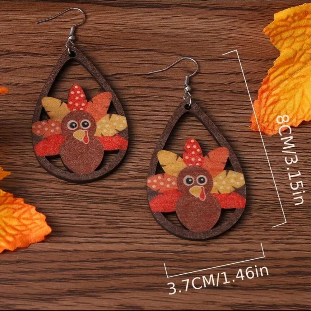 Thanksgiving Turkey Earrings Hollow Water Drop Dangle Wooden Jewelry Female Gift - Picture 4 of 8